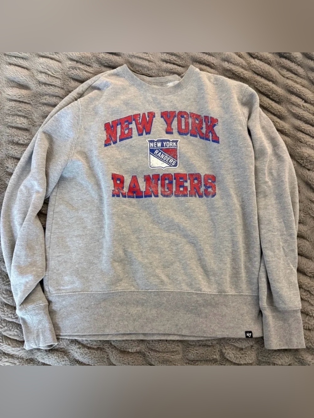 47 Brand Gray New York Rangers Crewneck Sweater with Red & Blue Logo